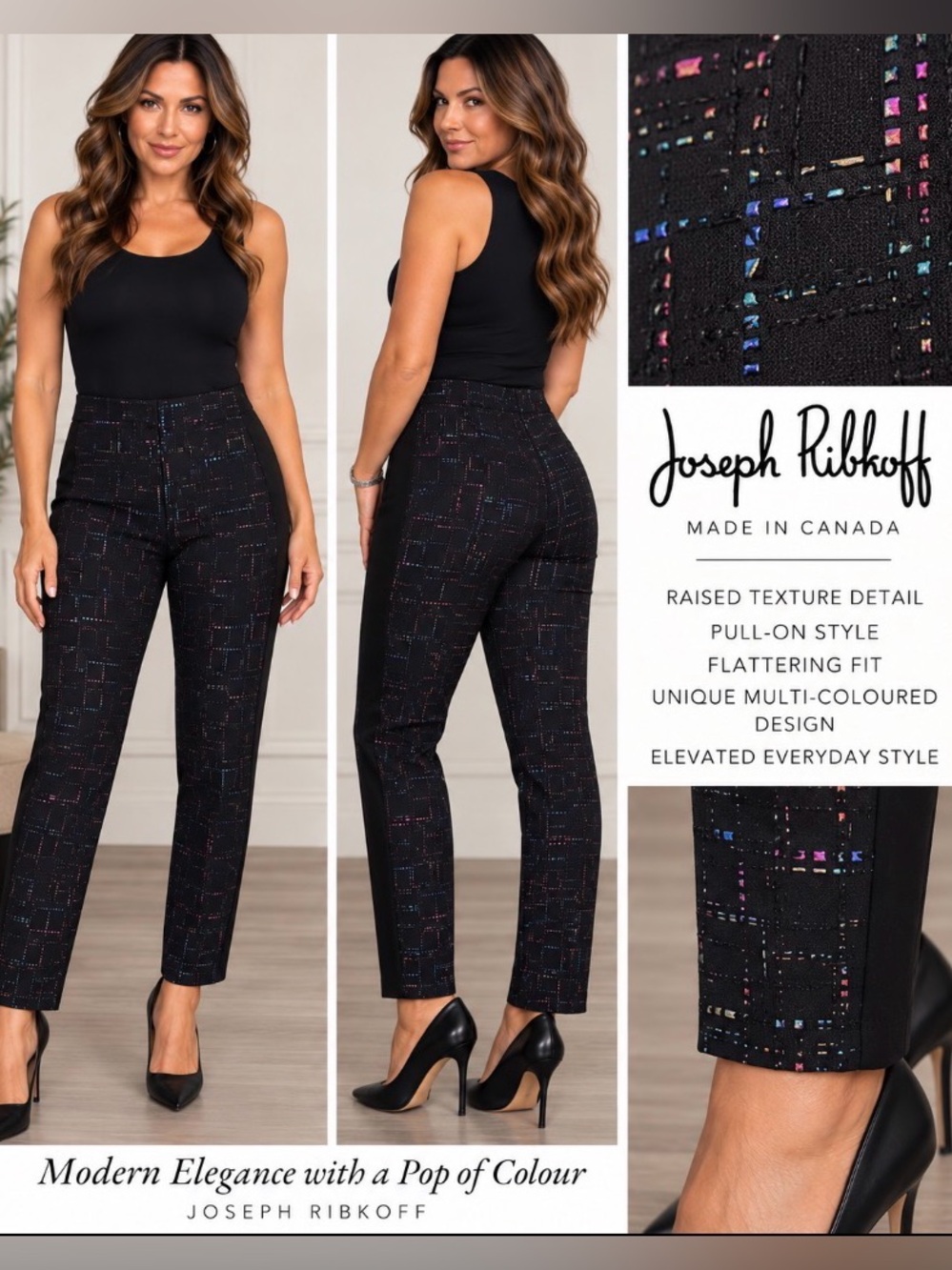 Joseph Ribkoff Black Multicolor Raised Texture Pull-On Pants Size 6